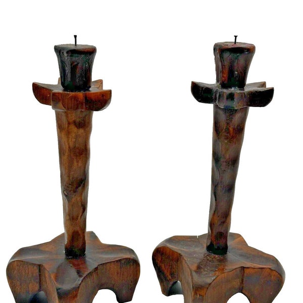 Vintage Hand Carved  Wood Candle Sticks Holder Brutalist, Rustic, Gothic,  Decor