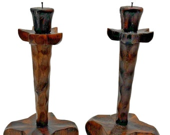 Vintage Hand Carved  Wood Candle Sticks Holder Brutalist, Rustic, Gothic,  Decor