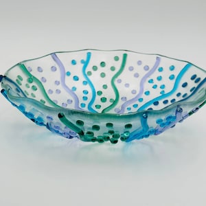 Blown Fused Glass Bowl with an Underwater color scheme look