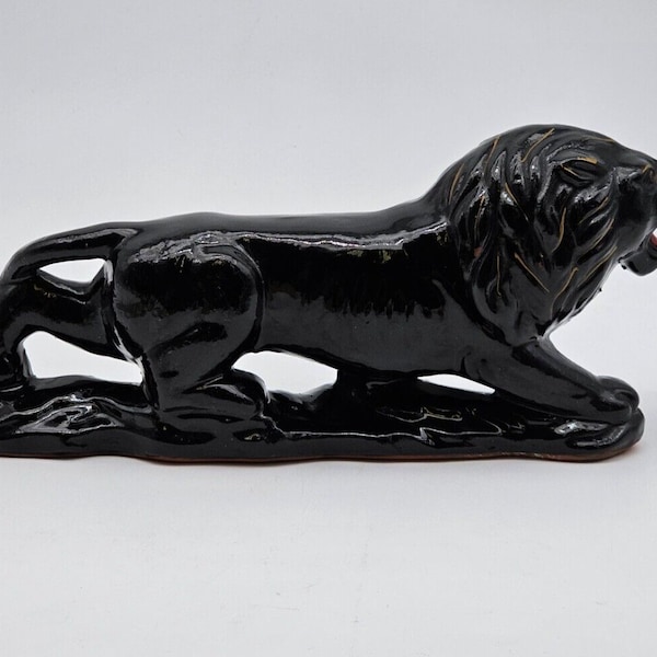 MCM Vintage Lion Redware Ceramic Pottery w/ Black Glaze Gold Painted Detailed
