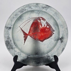 Mid Century Modern Smoky Glass Painted Red Fish Glass Decor Bowl