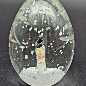 Vintage Hand Blown Egg Shape Snowman w/ Snow Glass Paperweight