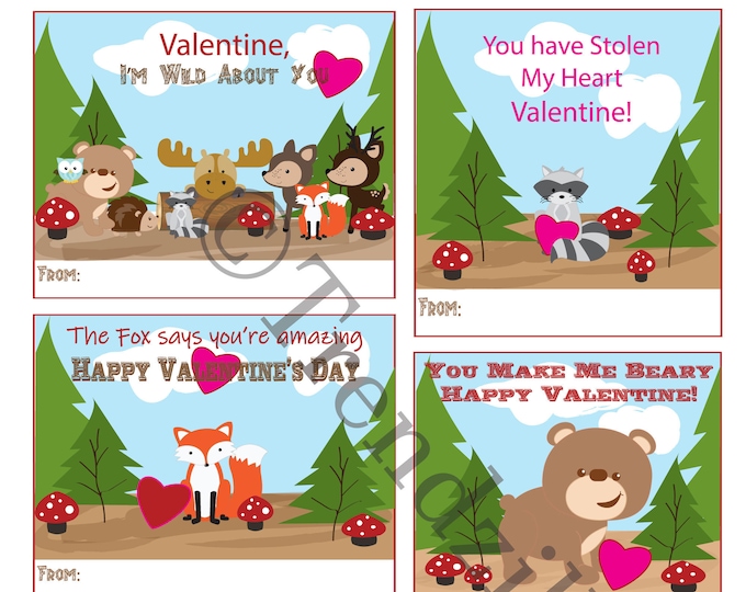 Kids Printable Valentine, Forest Animal Valentines, Forest Creatures Valentine Cards, Bear, Racoon, Owl, Deer, Valentine's Day, printable.