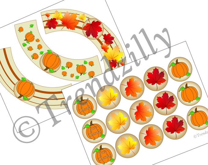 Fall Cupcake Toppers and Wrappers, Thanksgiving Cupcake Decorations, Oktoberfest Pumpkins and Fall Leaves Printable, Fall Instant download.