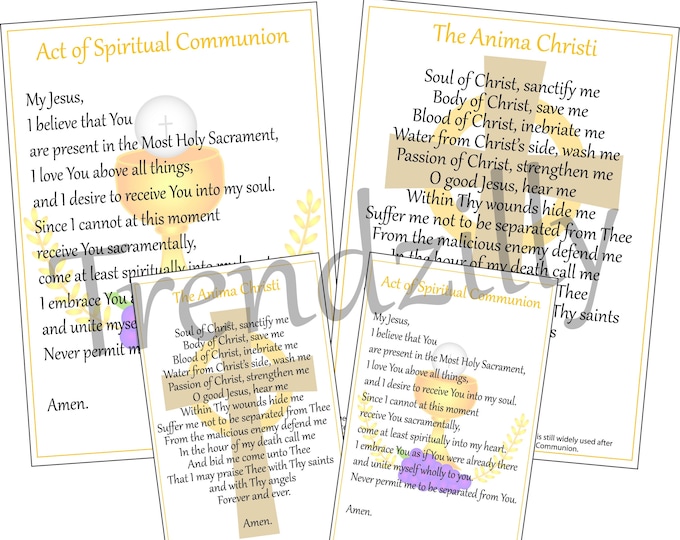 Spiritual Communion & Anima Christi Prayer Cards, Holy Cards, Prayer Teaching Tool, Printable Download.