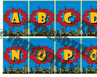 Superhero Birthday Banner Alphabet Add-On, Personalized Banner, Comic Book Banner, City Scape, Printable Instant download.