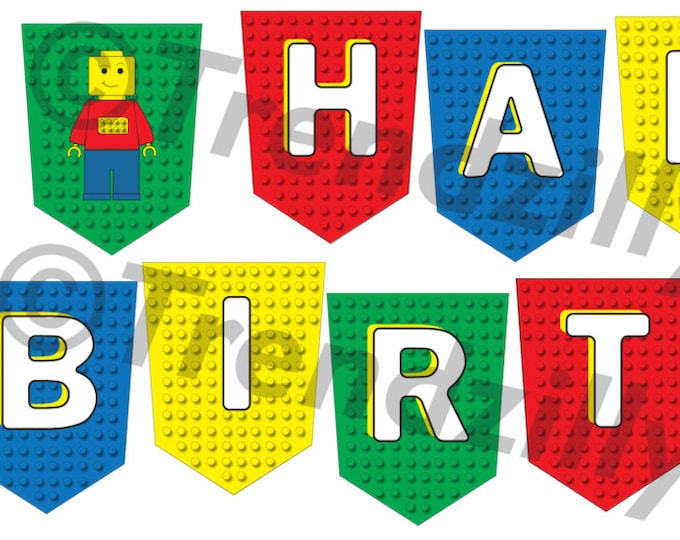 Building Block Birthday Banner, Party Banner,  Interlocking Banner Printable Instant download, Happy Birthday Banner.