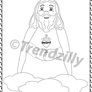 May include: A black and white line drawing of Jesus with a heart on his chest. The heart is surrounded by thorns and has a cross on top. The text "Sacred Heart of Jesus" is at the top of the image and "Pray for us" is at the bottom.