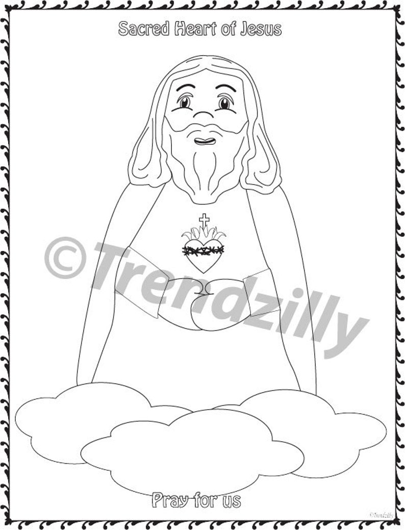 May include: A black and white line drawing of Jesus with a heart on his chest. The heart is surrounded by thorns and has a cross on top. The text "Sacred Heart of Jesus" is at the top of the image and "Pray for us" is at the bottom.