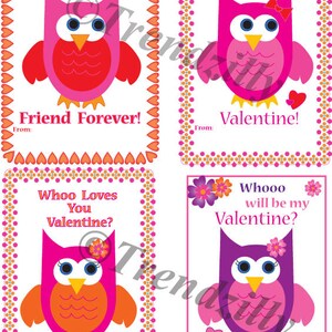 Owl Valentine, Printable Kids Valentine Cards, Valentines Day Card, Valentine&#39;s Day, Girl Valentines, Instant Download (Set of 4)