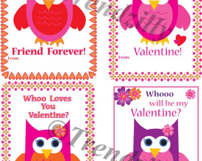 Owl Valentine, Printable Kids Valentine Cards, Valentines Day Card, Valentine's Day, Girl Valentines, Instant Download (Set of 4)