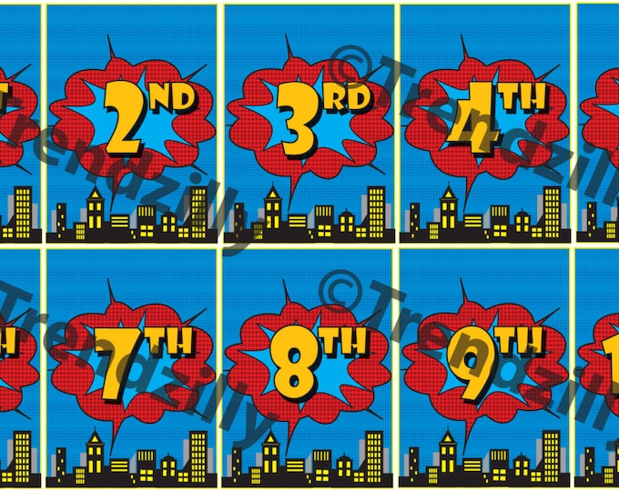 Superhero Birthday Banner Number Add-On, Comic Book Party, Superhero Party, City Scape, Printable Instant download.