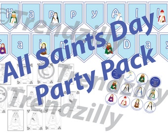 All Saints' Day Party Pack, Soft Saint Banner, Cupcake Toppers, Wrappers, Coloring Pages, All Saints Printables, Feast Day Instant download.
