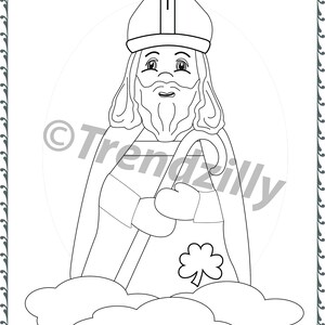 May include: Black and white line drawing of Saint Patrick, a Christian saint and patron saint of Ireland. He is depicted wearing a bishop's mitre, a long robe, and holding a staff with a shamrock at the bottom. The text "Pray for us" is below the image.