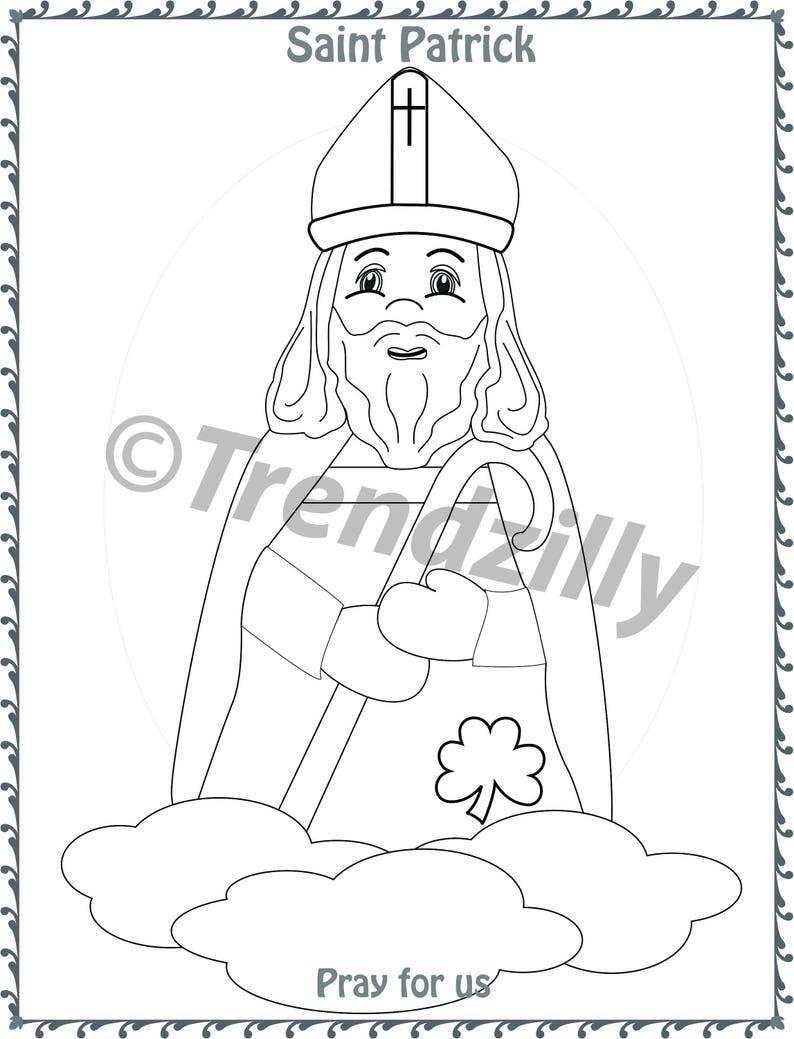 May include: Black and white line drawing of Saint Patrick, a Christian saint and patron saint of Ireland. He is depicted wearing a bishop's mitre, a long robe, and holding a staff with a shamrock at the bottom. The text "Pray for us" is below the image.
