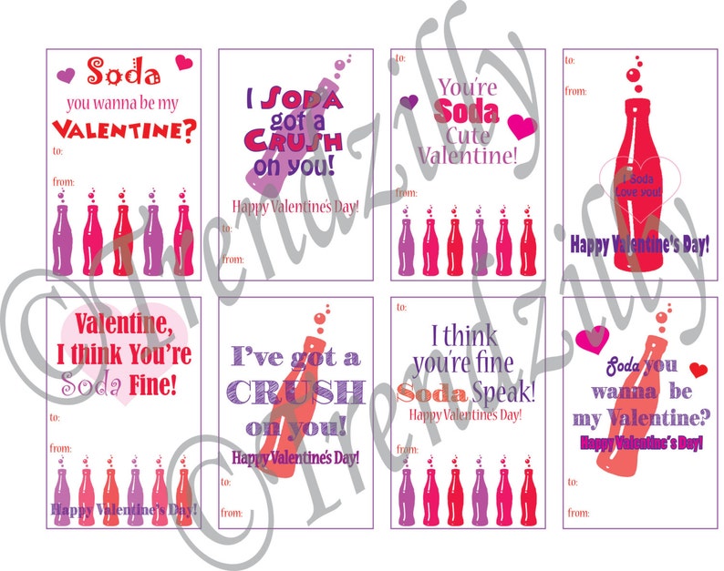 Kids Printable Valentine, Mini Soda Can Valentines, I Soda got a Crush on yov, You're Soda Fine, Valentine's Day, printable Download image 1