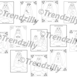 May include: Black and white line art illustrations of various religious figures, including saints and Jesus. Each illustration is framed with a black border and includes the words "Pray for us" at the bottom.