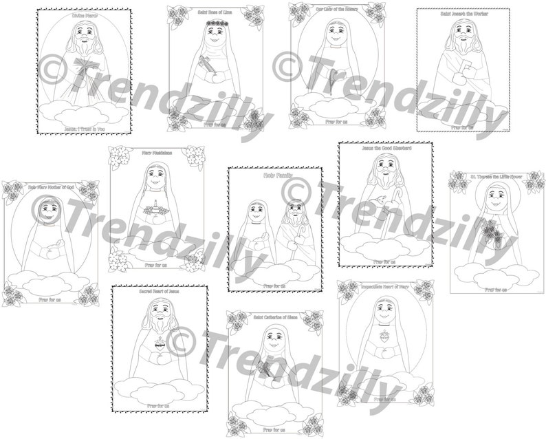 May include: Black and white line art illustrations of various religious figures, including saints and Jesus. Each illustration is framed with a black border and includes the words "Pray for us" at the bottom.