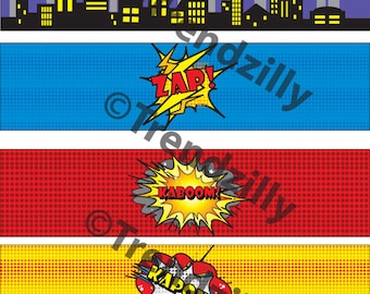 Superhero Water Bottle Labels, Comic Book Lables, Party Supplies, Superhero Birthday, Comic Book Birthday, Printable Instant download.