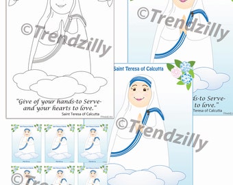 Mother Teresa of Calcutta Coloring Page and Holy Cards, Kids Coloring Page, Holy Cards, Feast Day Cards, Trading Cards, Printable Download.