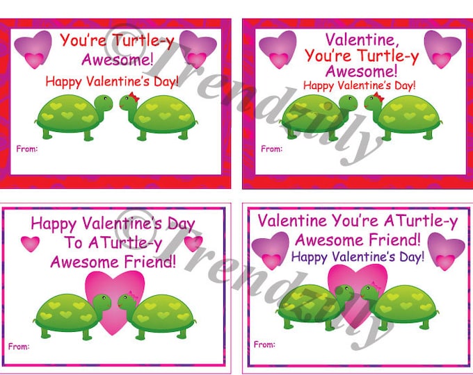 Turtle Valentine, Printable Kids Valentine Cards, Valentines Day Card, Valentine's Day, Girl Valentines, Turtle, Instant Download (Set of 4)