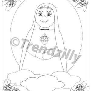 May include: Black and white line art coloring page featuring the Immaculate Heart of Mary. The image depicts Mary with a heart on her chest, surrounded by roses and clouds. The text "Pray for us" is at the bottom of the page.