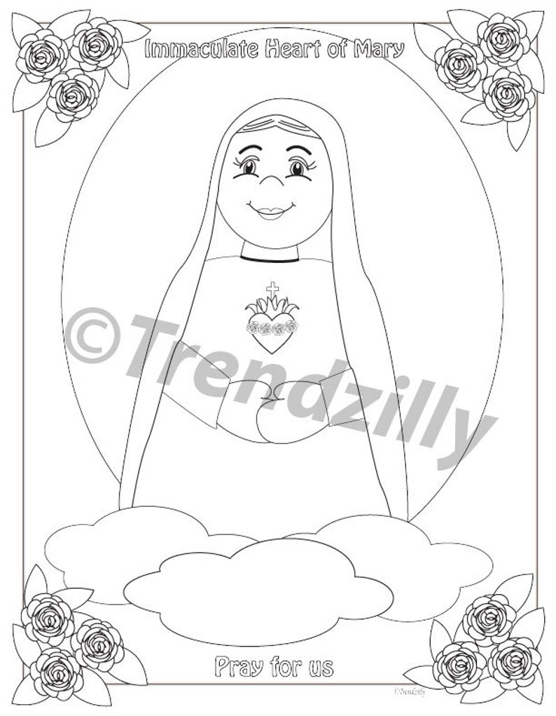 May include: Black and white line art coloring page featuring the Immaculate Heart of Mary. The image depicts Mary with a heart on her chest, surrounded by roses and clouds. The text "Pray for us" is at the bottom of the page.