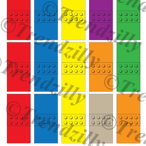 May include: Nine printable labels featuring a Lego brick design in red, blue, yellow, purple, orange, and green. Each label has a row of six Lego studs.