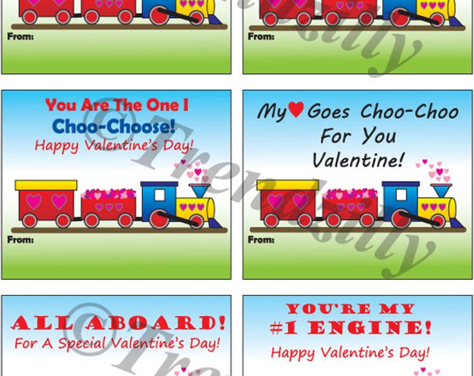 Kids Printable Valentines, Boy Valentines, Kids Valentine, Train Valentines, Choo Choo Train, Instant Download. Set of 6