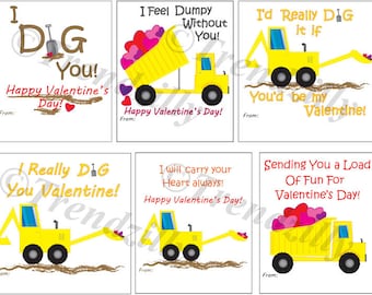 I Dig You! Dump Truck and Backhoe Kids Valentines, Construction Valentines, Valentine's Day, Boy Valentines, Printable Instant Download.