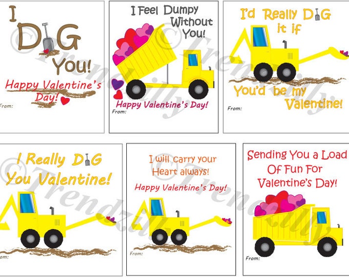 I Dig You! Dump Truck and Backhoe Kids Valentines, Construction Valentines, Valentine's Day, Boy Valentines, Printable Instant Download.