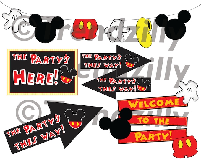 Mickey Mouse inspired Birthday Party Signs, Birthday Garland,  Mickey Mouse Party Signs Printable Instant download, Happy Birthday Banner.