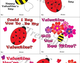 Honey Bee Valentine's, Lady Bug Valentine, Kids Valentines, Valentine's Day, Printable Instant Download, Personalized (Set of 5)