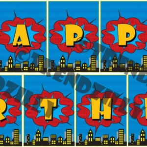 Banner de cumpleaños de superhéroe, banner de cómic, banner de paisaje urbano, banner personalizado, descarga instantánea imprimible, banner de feliz cumpleaños.