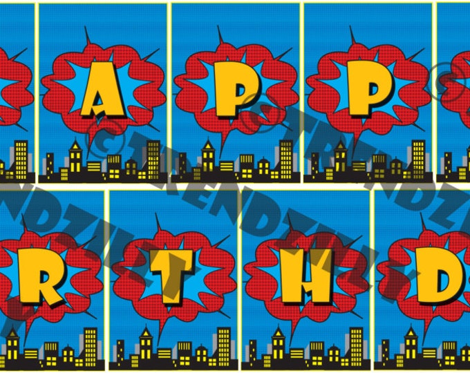 Superhero Birthday Banner, Comic Book Banner, City Scape Banner, Personalized Banner, Printable Instant download, Happy Birthday Banner.