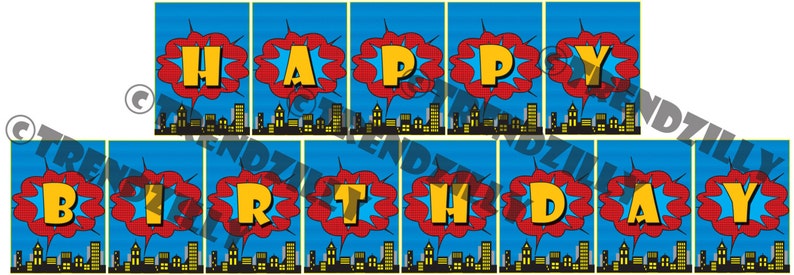 Superhero Birthday Banner Comic Book Banner City Scape image 1