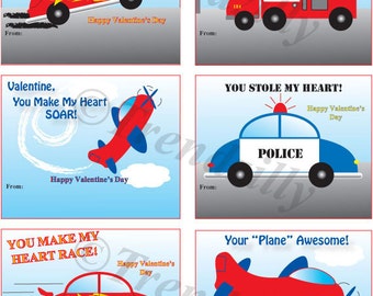 Kids Printable Valentines, Boy Valentines, Kids Valentine, Air Planes, Race Cars, Fire Trucks, Police Cars, Instant Download. Set of 6