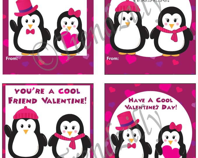 Penguin Valentine, Printable Kids Valentine Cards, Valentines Day Card, Valentine's Day, Girl Valentines, Instant Download (Set of 4)