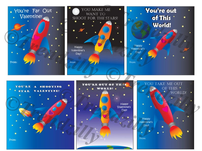 Puede incluir: Seis tarjetas de San Valent&iacute;n imprimibles con cohetes en el espacio con diferentes mensajes. Las tarjetas tienen un fondo azul y negro con estrellas y planetas. Los mensajes incluyen "You're Far Out Valentine!" "You Make Me Want To Shoot For The Stars!" "You're Out Of This World!" "You're A Shooting Star Valentine!" "You're Out Of This World!" y "You Take Me Out Of This World!"