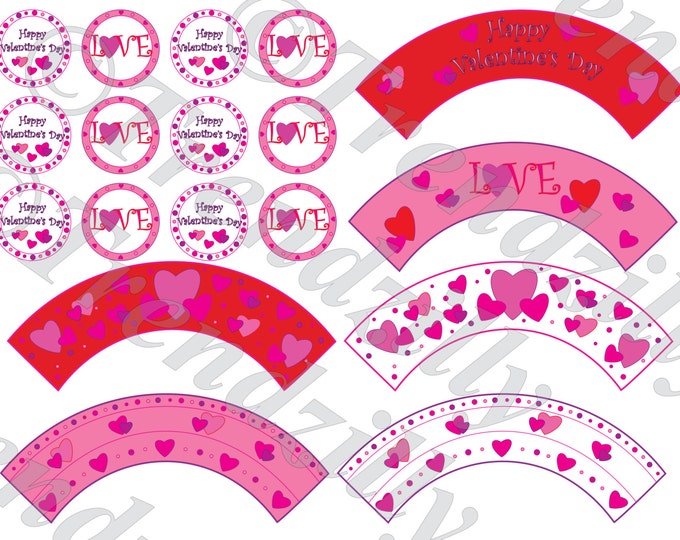 Valentine Cupcake Wrapper and Toppers, Heart Valentine's Stickers and Tags, Valentine's Day Party Decor, Printable Cupcake Wrapper Download.