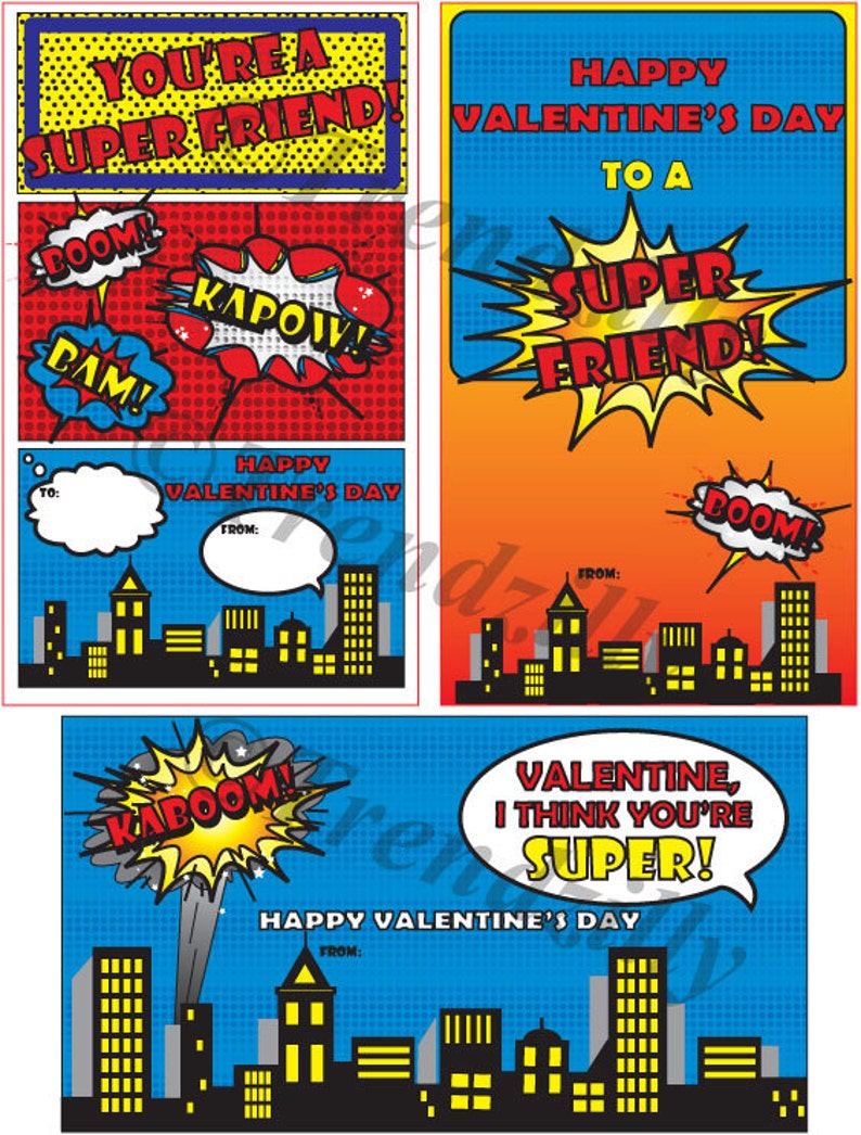 Kids Printable Valentine, Superhero Valentine, Comic Book Valentine, Boy Valentines, Valentine's Day, printable Download Set of 3 image 3