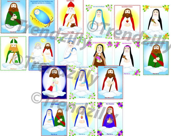 Soft Saint Holy Card Set, Saint Trading Cards, Kids Saint Cards, Feast Day Holy Cards, Trading Cards, Collecable cards, Printable Download.