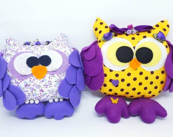 Handmade Felt Owl Set: Purple Nursery Decor, Soft Plush Gift