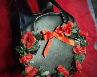 Black Handbag with roses, faux leather, Gothic, Goth, Lolita, Rock, Rocker, Clutch bag, Unique, Handmade, Evening