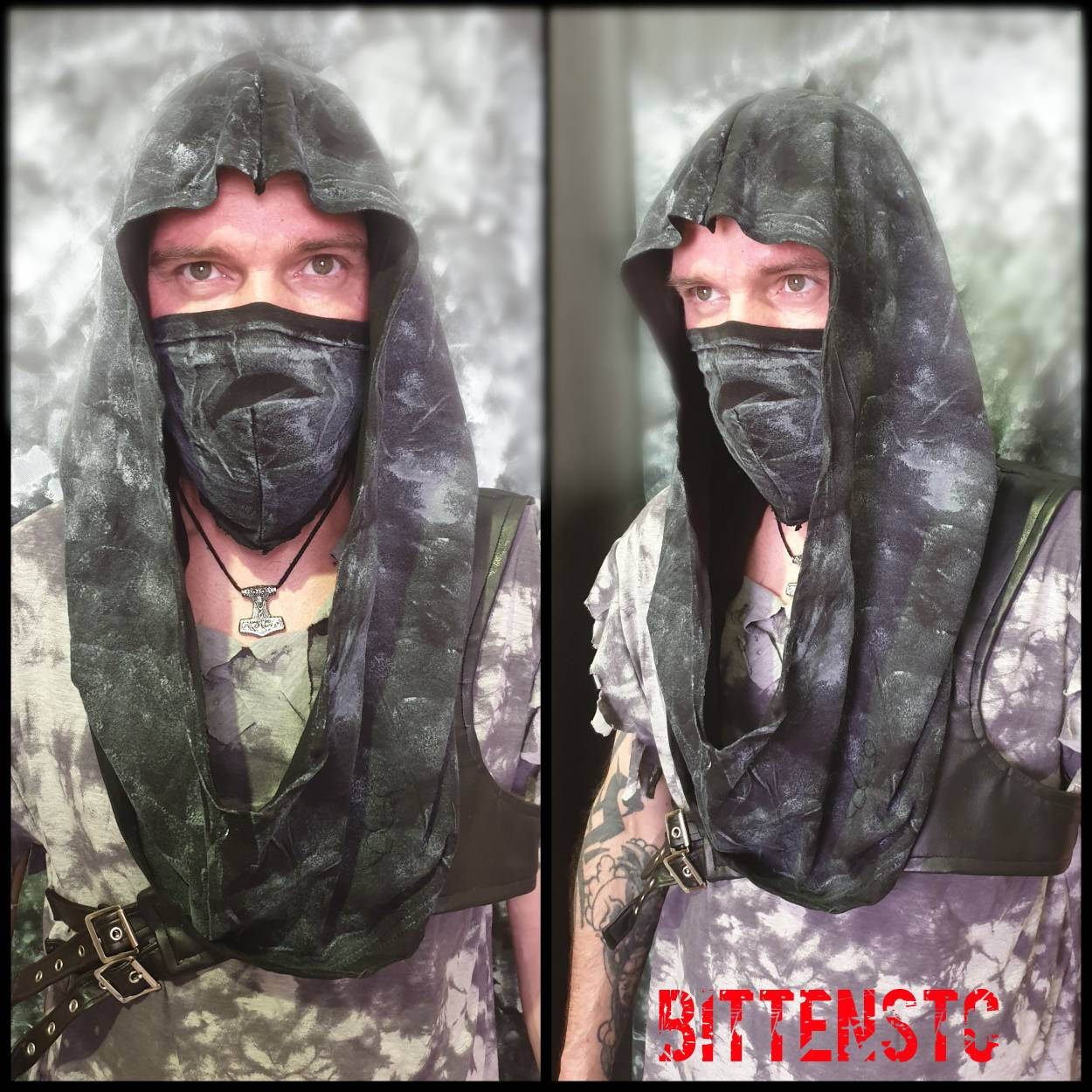 Alternative Apocalyptic Hood with Mask , Larp Cosplay Costume , Wasteland Clothing , Hood distressed , Heavy Metal,  Alt Style, Festival