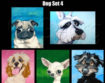 Pet Caricature Portrait - Blank Greeting Cards "Dog Set 4" (Set of 5 Greeting Cards)