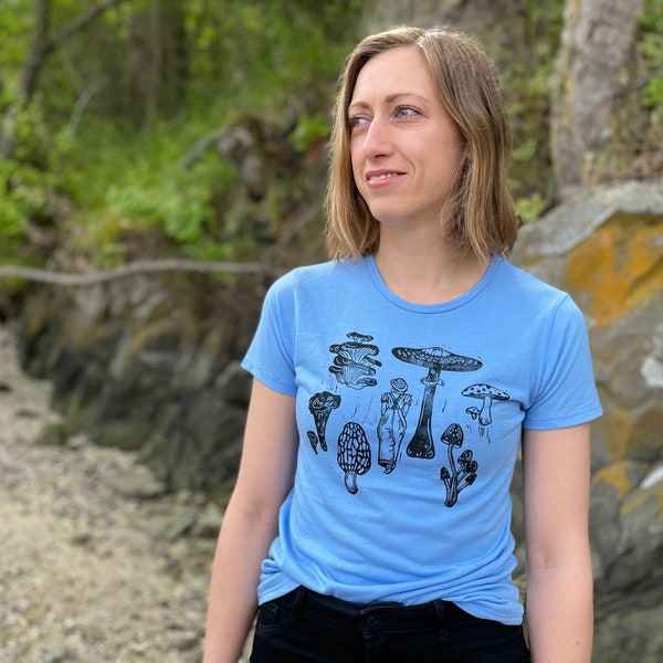 T-shirt en coton biologique en bambou imprimé à la main pour femmes, forêt de champignons
