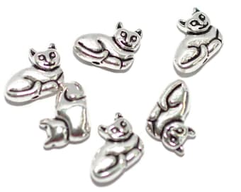 6  Tibetan Style, 11x14mm Metal Cat Bead, Antique Silver Colored Cat, Animal Bead, Metal Cat, Kitten Bead,  (3026087)  F502