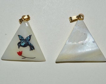 Vintage Perlmutt Anhänger mit eingelegtem Humming Bird Set (1060146) MOP7-2-02