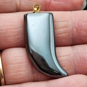 May include: A black hematite pendant in the shape of a tooth with a gold bail.